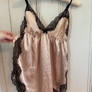 In Bloom by Jonquil M lace satin cami camisole black and nude/pink velvet bow